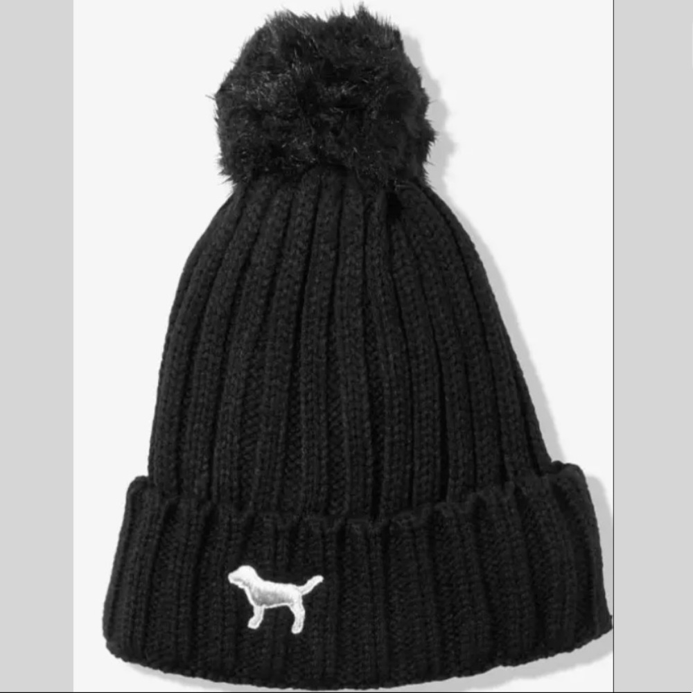 Victoria secret pink black silver Sherpa beanie